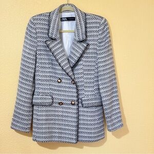 Zara Tweed Double-Breasted Blazer S Gold Crest Buttons Black White Classic